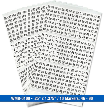 Premium Wire Marker Book for Cable Management, Vinyl-Coated, High-Tack Adhesive, Electric Panel Wire Label Stickers - 10 Pages, 1 Book, Numbered 46-90 (Pack of 5)