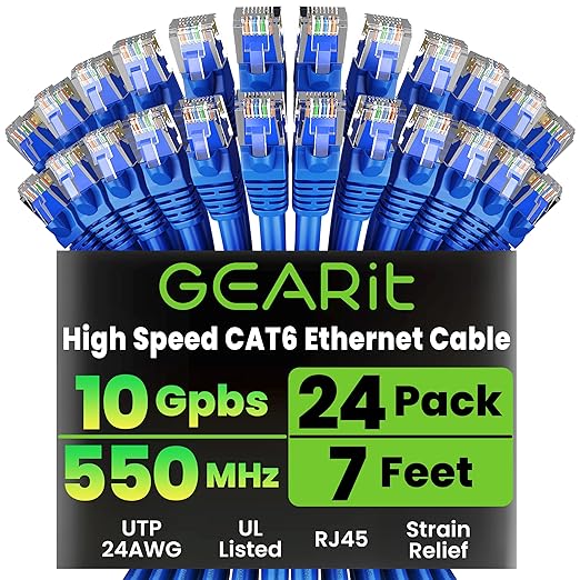 GEARit Cat 6 Ethernet Patch Cable 7 ft Blue (24-Pack Cat6 Ethernet Patch Cables 7ft), Cat 6 High Speed 24AWG 10Gbps RJ45 Snagless Gold-Plated, Ethernet Cable for Router, Switch, PC, PS5 Gaming, Server