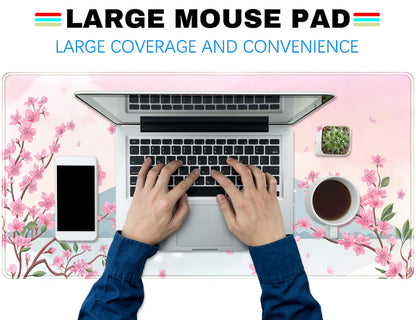 Japanese Desk Mat Pastel Pink Cherry Blossom Mouse Pad Mt Fuji Japan Large Gaming Anime Mousepad XXL 31.5x15.75 in, Kawaii Aesthetic Flower Cute Women Office Decor Computer Laptop Keyboard Mat