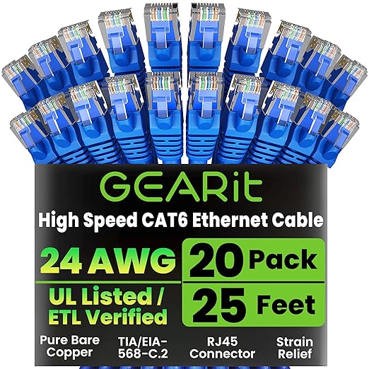 GEARit Cat 6 Ethernet Patch Cable 25 ft Blue (20 Pack) - Cat6 Patch Cables 25ft Blue/Ethernet Patch Cable, 10Gbps 550MHz 24AWG Pure Copper, Snagless, Gold Plated RJ45 for Router, Server, Router, PC