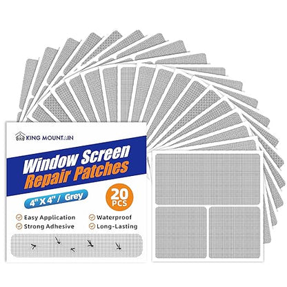 KING MOUNTAIN Grey Window Screen Repair Patch, 20Pcs 4" x 4" Heavy Duty Screen Repair Tape for Window Screen and Screen Door Tears Holes,Strong Adhesive & Waterproof Window Screen Repair Kit