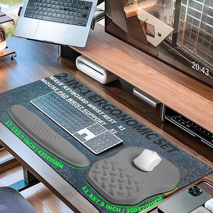 2-in-1 Ergonomic Set, Wave Keyboard Wrist Rest and Massage Slope Mouse Pad Wrist Support, Rebound Memory Foam for Relieve Carpal Tunnel Syndrome and Wrist Pain (Dark Grey)
