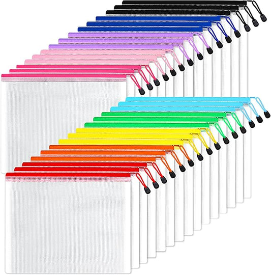 SUNEE Mesh Zipper Pouch 9.2x12.5 in (10 Colors, 30 Packs), Mesh Bags with Zipper for School Office Supplies, Puzzles & Games, Travel Accessories