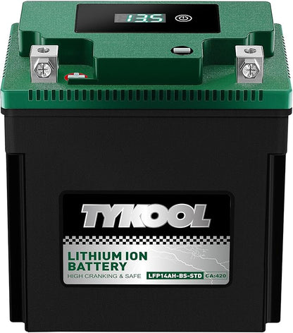 TYKOOL YTX14AH-BS-STD, LiFePO4 Lithium Motorcycle Battery,12.8V 7Ah,420CCA,5X Longer Life,Digital Readout, Powersports Battery,Fits for ATV, UTV, Scooter, Snow mobile,Polarity:[+ -]