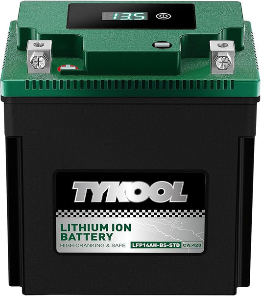 TYKOOL YTX14AH-BS-STD, LiFePO4 Lithium Motorcycle Battery,12.8V 7Ah,420CCA,5X Longer Life,Digital Readout, Powersports Battery,Fits for ATV, UTV, Scooter, Snow mobile,Polarity:[+ -]