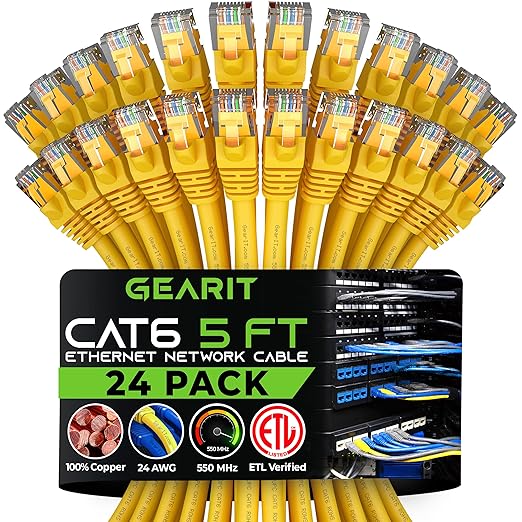 GEARit Cat 6 Ethernet Patch Cables 5 ft Yellow (Cat 6 Ethernet Cables 5 ft 24-Pack), High Speed 24AWG 10Gbps RJ45 Snagless Gold-Plated, Ethernet Cable for Router, Switch, PC, PS5 Gaming, Server