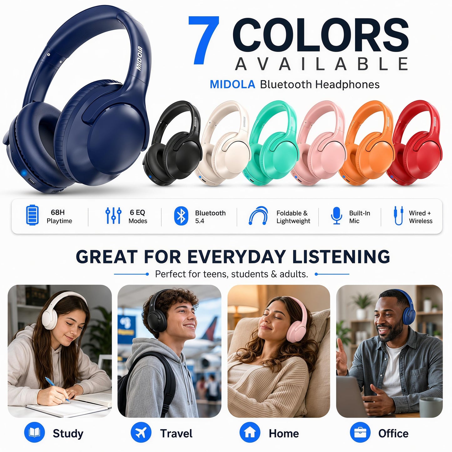 Bluetooth Headphones Wireless 68H with Mic,Decent Sound-Acceptable Blue