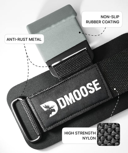 DMoose Fitness Weight Lifting Hooks (Pair) for Deadlifts, Pull Ups, Rows & Shrugs - Anti-Rip Nylon Strap Hand Grips with Thick Wrist Padding - Heavy Duty Wrist Straps for Weightlifting (Grey)