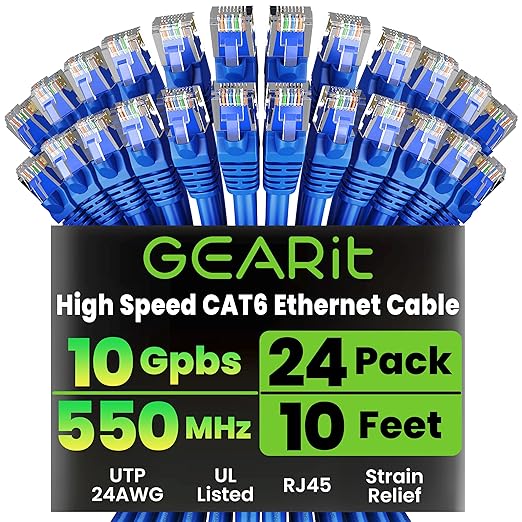 GEARit Cat 6 Ethernet Patch Cable 10 ft Blue (24-Pack Cat6 Ethernet Patch Cables 10ft), High Speed 24AWG 10Gbps RJ45 Snagless Gold-Plated, Ethernet Cable for Router, Switch, PC, PS5 Gaming, Server