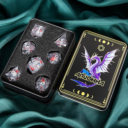 ARUOHHA DND Resin Dice Plum Blossom Liquid Core White Sharp Edge Dragons Polyhedral Dice Set with Gift Box, Compatible with D&D Role Playing Game Dungeons D and D Dice Set D20 D12 D10 D6