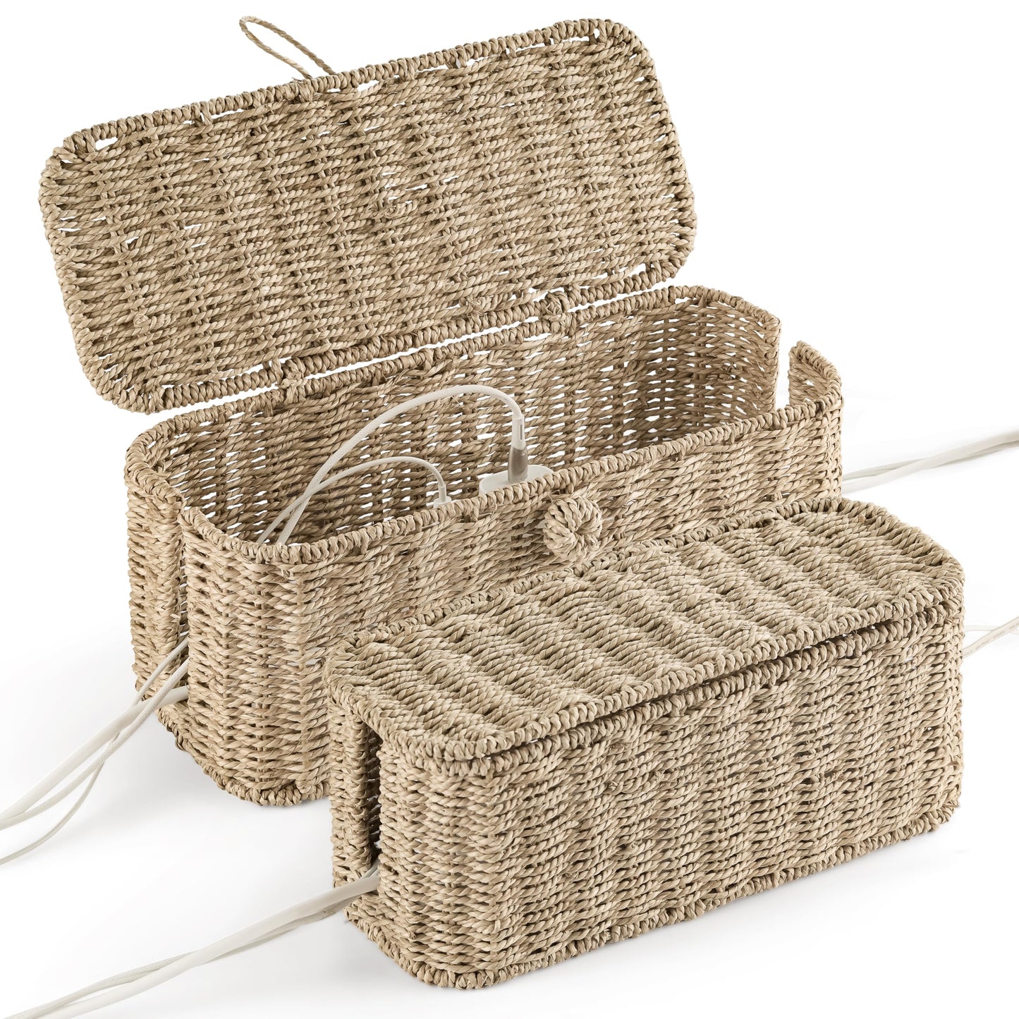 Bluewest 2-Pack Large Cable Management Box,Natural Rattan Cable Cord
