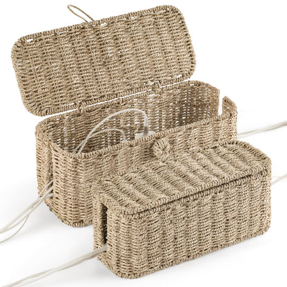 Bluewest 2-Pack Large Cable Management Box,Natural Rattan Cable Cord