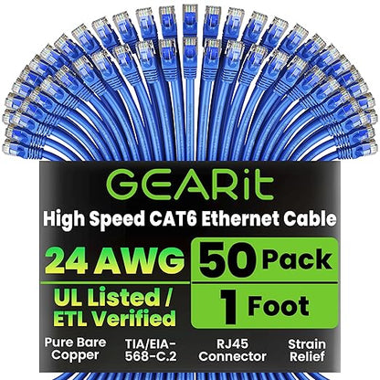 GearIT Cat 6 Ethernet Cable Pack - 50-Pack 1 ft Cat6 Ethernet Patch Cables | RJ45 Network Patch Cable, 10 Gbps Snagless Gold-Plated Connectors - Ethernet Cable Cat 6 for PC, TV, Router - Blue