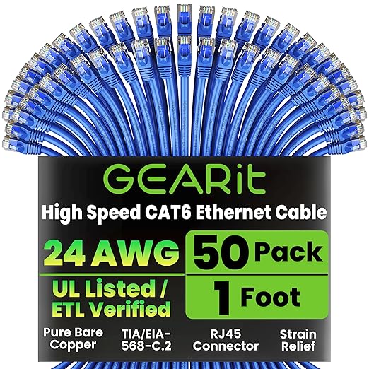 GEARit Cat 6 Ethernet Patch Cable 1 ft Blue (50 Pack) - Cat6 Patch Cables 1ft Blue/Ethernet Patch Cable, 10Gbps 550MHz 24AWG Pure Copper, Snagless, Gold Plated RJ45 for Router, Server, Router, PC