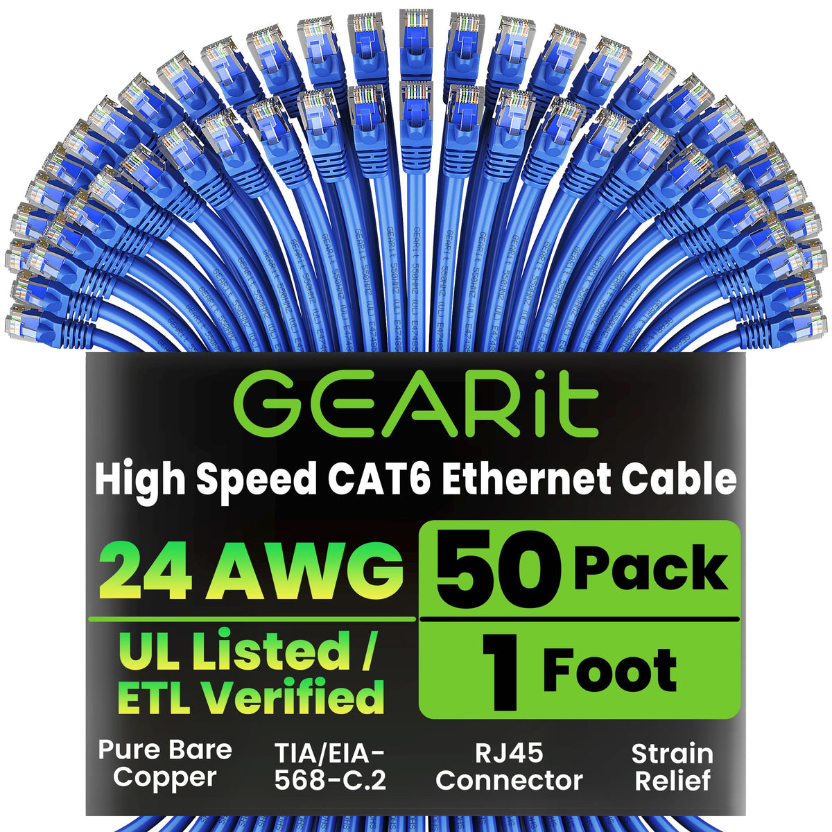 GEARit Cat6 Patch Cables Cat 6 Ethernet Cable 2 ft 50-Pack Black