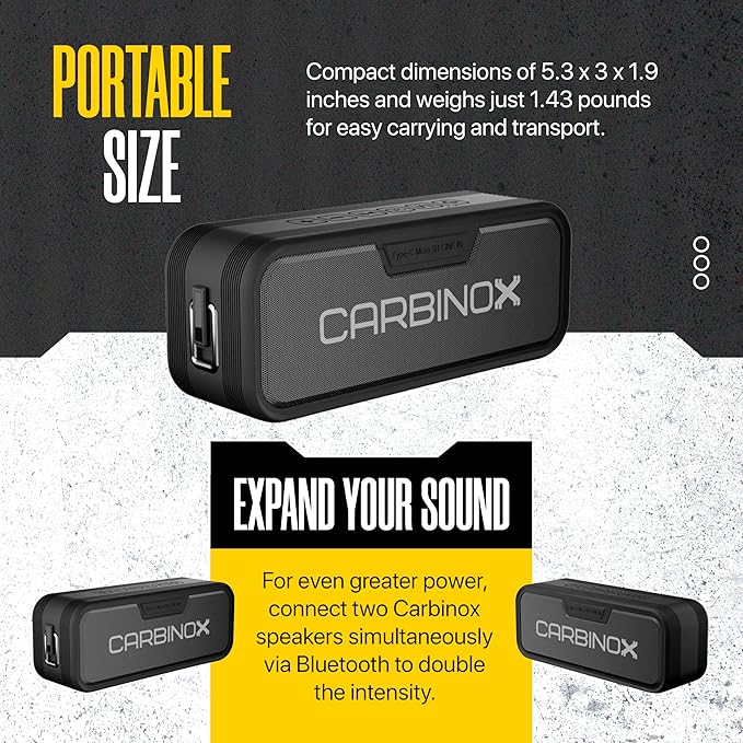 CARBINOX Portable Bluetooth Speaker with IPX7 Waterproof, Type-C Fast Charging, 3D Surround Sound, 18m Range, Black