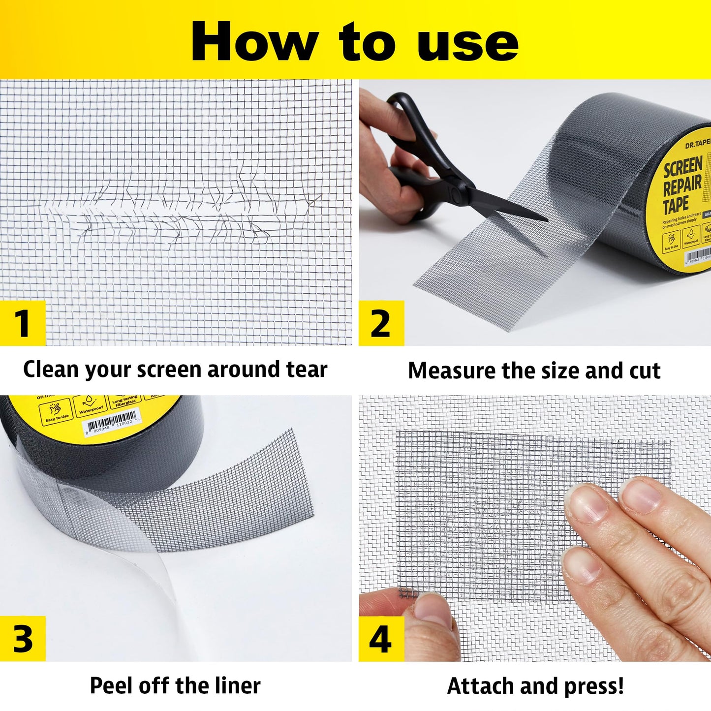 DR.TAPELAB, Grey Window Screen Repair Tape, 2 in X 15 FT, Screen Repair Kit for Windows or Doors, Strong Adhesive Patch Kit Fiberglass Mesh Tape