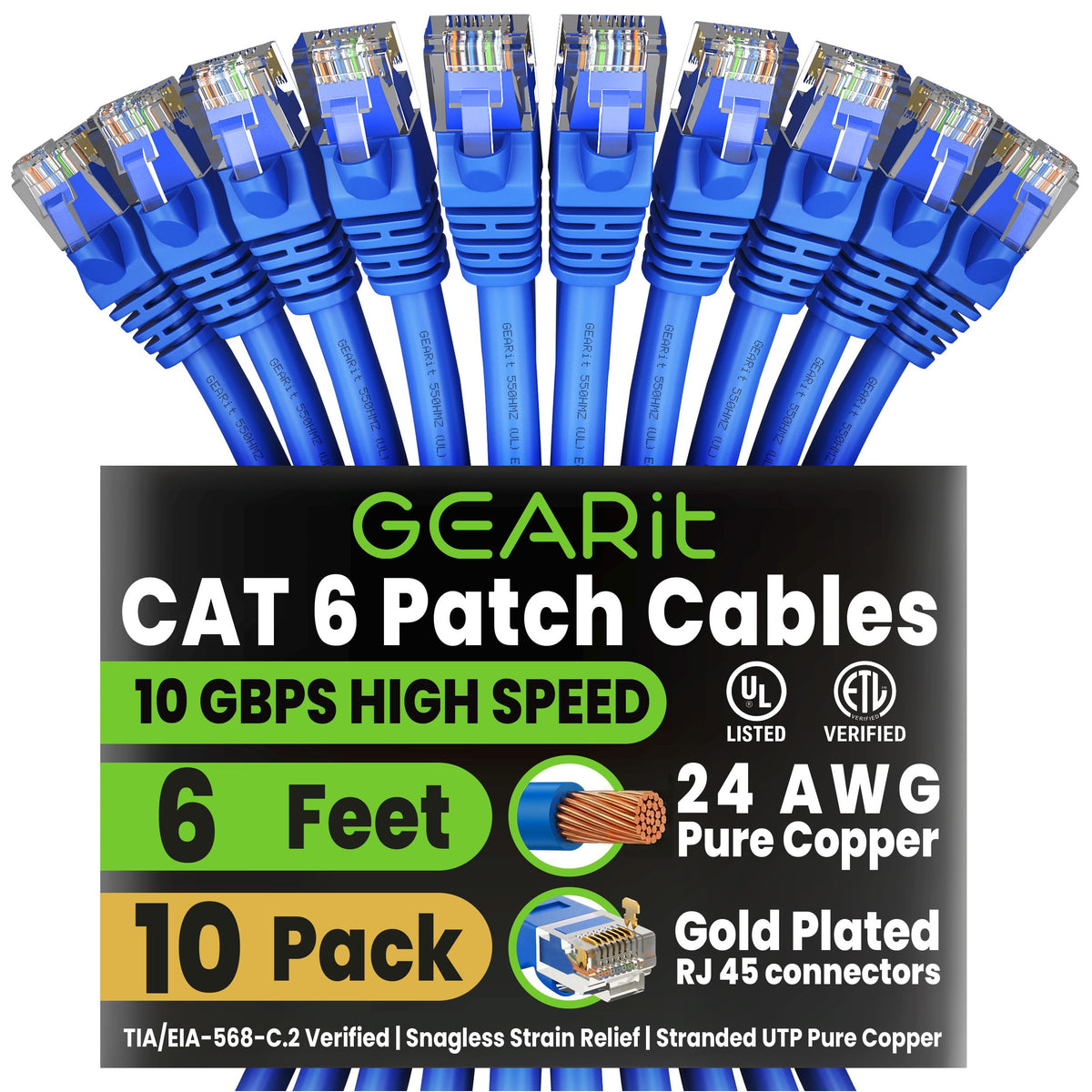 GEARit Cat6 Patch Cables Cat 6 Ethernet Cable 6 ft 10-Pack Green