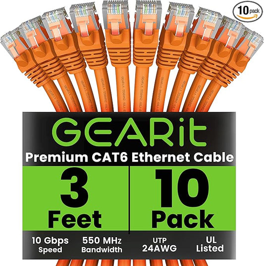 GEARit Cat 6 Ethernet Patch Cable 3 ft Orange (10 Pack) Cat6 Patch Cables 3ft Orange/Ethernet Patch Cable, 10Gbps 550MHz 24AWG Pure Copper, Snagless, Gold Plated RJ45 for Router, Server, Router, PC