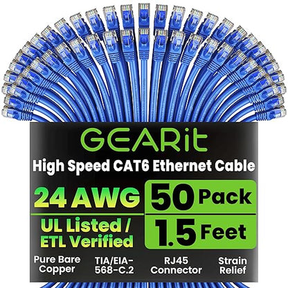 GEARit Cat 6 Ethernet Cable Pack - 50-Pack 1.5 ft Cat6 Ethernet Patch Cables | RJ45 Network Patch Cable, 10 Gbps Snagless Gold-Plated Connectors - Ethernet Cable Cat 6 for PC, TV, Router - Blue