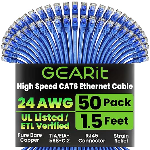 GEARit Cat 6 Ethernet Patch Cable 1.5 ft Blue (50 Pack) - Cat6 Patch Cables 1.5ft Blue/Ethernet Patch Cable, 10Gbps 550MHz 24AWG Pure Copper, Snagless, Gold Plated RJ45 for Router, Server, Router, PC