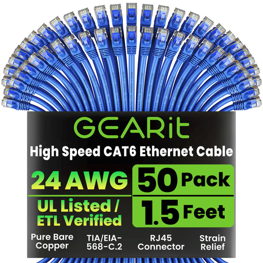 GEARit Cat6 Patch Cables Cat 6 Ethernet Cable 2 ft 50-Pack Black