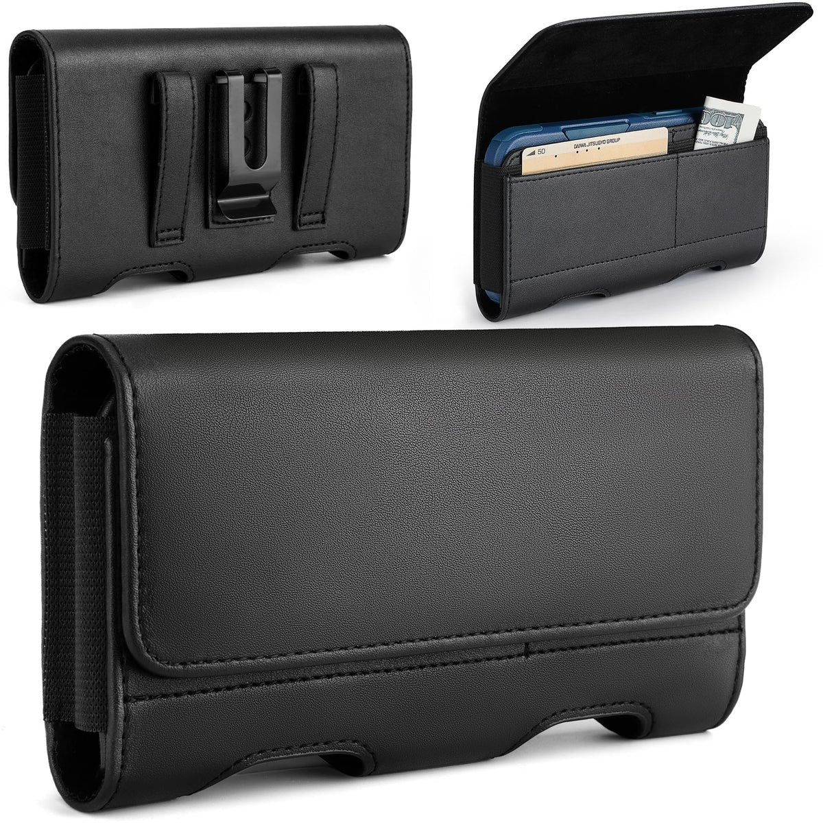Mopaclle Nylon Phone Holster with Heavy Duty Metal Belt Clip and Card Holder, Compatible with iPhone 13/12 Mini, iPhone SE, iPhone 8/7/6S/6, and Galaxy S7/S6/S5 - Black
