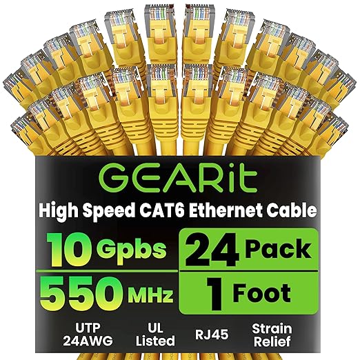 GEARit Cat 6 Ethernet Patch Cables 1 ft Yellow (Cat 6 Ethernet Cables 1 ft 24-Pack), High Speed 24AWG 10Gbps RJ45 Snagless Gold-Plated, Ethernet Cable for Router, Switch, PC, PS5 Gaming, Server