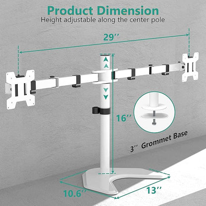 WALI Dual Monitor Stand, Free Standing Desk Mount for 2 Monitors up to 27 inch, 22 lbs. Weight Capacity per Arm, Fully Adjustable with Max Mounting Pattern 100x100mm (MF002-W), White
