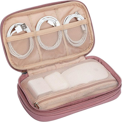 NISHEL Travel Cord Organizer Case, Double Layers Tech Electronic Bag, Essentials for Charger, Cable, Phone, Flash drive, Rose-wood Pink