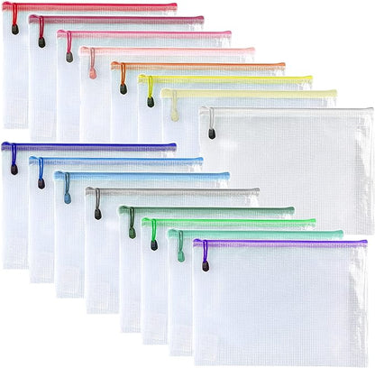 Oaimyy-16 PCS-9 x 12 inches-Mesh Zipper Pouch, Plastic Zip File Folders Puzzle Bags for Organizing,for Office Supplies,Travel,Home Storage-Multicolor