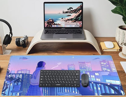 Purple Anime Kawaii Desk Mat Mousepad Cute Cat XXL Large Gaming Japanese Girly Aesthetic Mouse Pad Tokyo Street Desk Mat 31.5x15.75 in, Girl Gamer Desktop Mat Computer Laptop Keyboard Mouse Mat