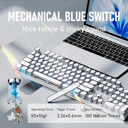 EWEADN TK100 Typewriter Style Wired Mechanical Keyboard, 104 Keys Aesthetic Typewriter Keyboard with White Backlit, Anti-Ghosting, Blue Switch Wired Cute Keyboards-White