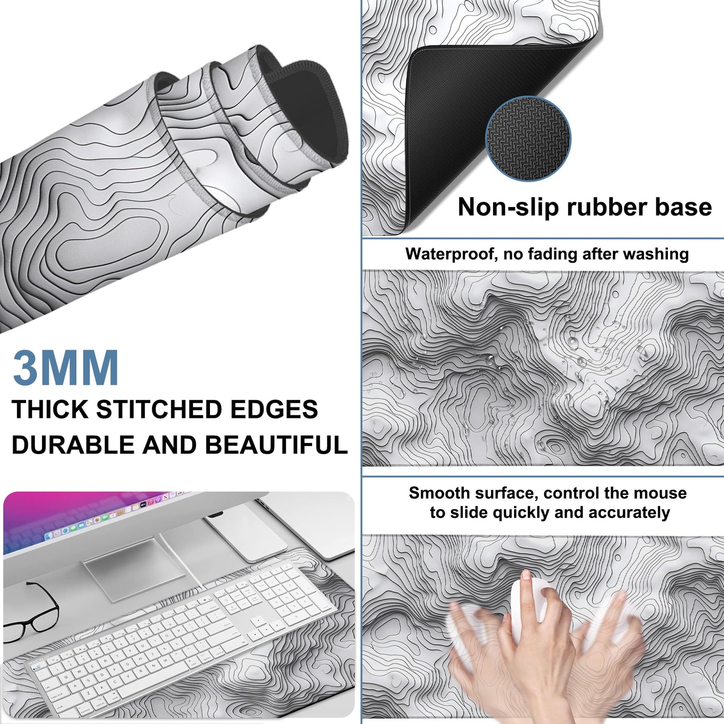 NITAHHHY Large Mouse Pad Wave Lines Gaming Desk Pad Computer Keyboard Non-Slip Waterproof Mouse Mat with Rubber Base and Stitched Edges Entertainment Office Writing Desk Mat 35.4 x 15.7 Inches