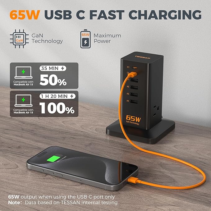 USB Charging Station for Multiple Devices 10Ft Cord, TESSAN 9-in-1 USB C Charger Block PD 65W for iPhone 16/15, MacBook, Tablet, Type C Desktop Charger with 3 AC, Home Travel Office Accessories
