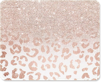 ITNRSIIET Mouse Pad with Stitched Edge Premium Textured Smooth Precise Operation Waterproof Washable Non-Slip Rubber Base Desktop Protection Mat, 10.2×8.3×0.12 inches, Rose Gold Leopard Print
