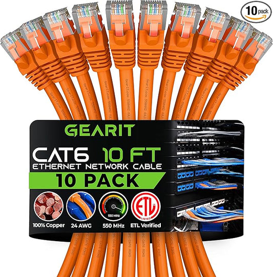 GEARit Cat 6 Ethernet Patch Cable 10 ft Orange (10 Pack) Cat6 Patch Cables 10ft Orange/Ethernet Patch Cable, 10Gbps 550MHz 24AWG Pure Copper, Snagless, Gold Plated RJ45 for Router, Server, Router, PC