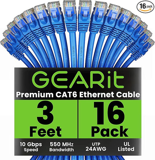 GEARit Cat 6 Ethernet Cable Pack - 16-Pack 3 ft Cat6 Ethernet Patch Cables | RJ45 Network Patch Cable, 10 Gbps Snagless Gold-Plated Connectors - Ethernet Cable Cat 6 for PC, TV, Router - Blue