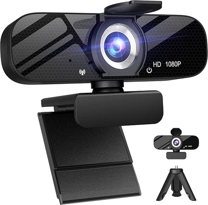 Full HD 1080P Webcam with Microphone, Wide Angle, Rotatable Tripod, Privacy Cover