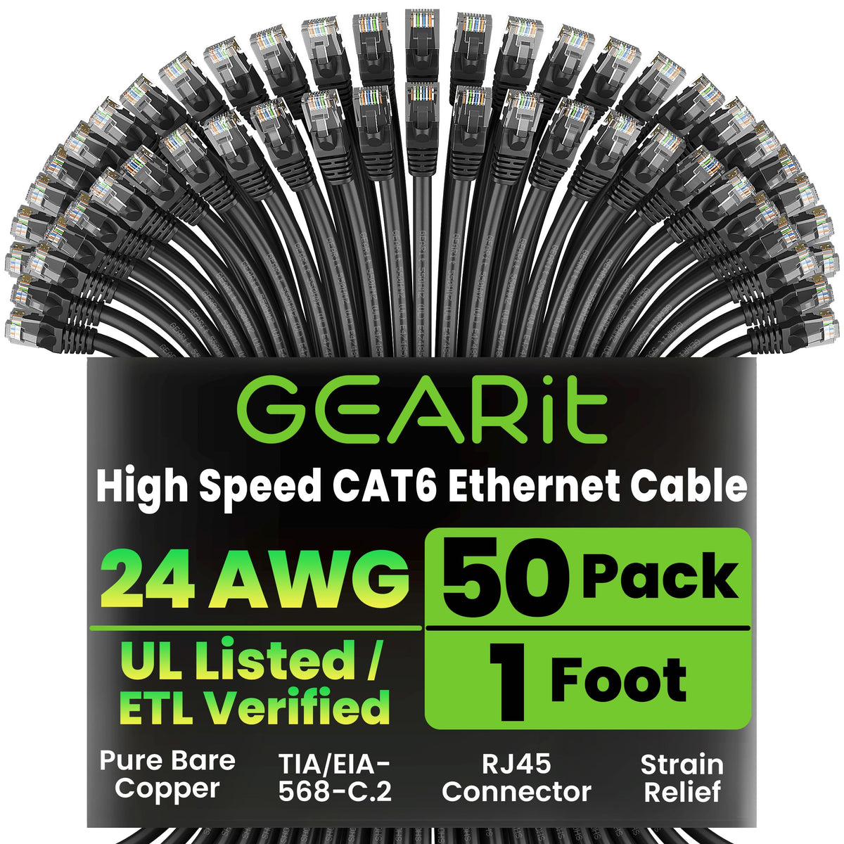 GEARit Cat6 Patch Cables Cat 6 Ethernet Cable 2 ft 50-Pack Black