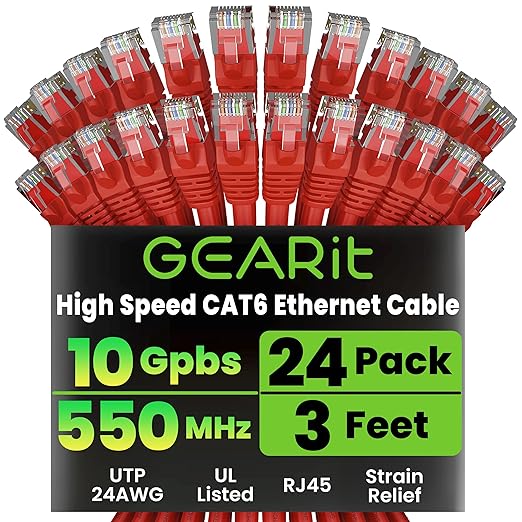 GEARit Cat 6 Ethernet Patch Cables 3 ft Red (Cat 6 Ethernet Cables 3 ft 24-Pack), CAT6 High Speed 24AWG 10Gbps RJ45 Snagless Gold-Plated, Ethernet Cable for Router, Switch, PC, PS5 Gaming, Server