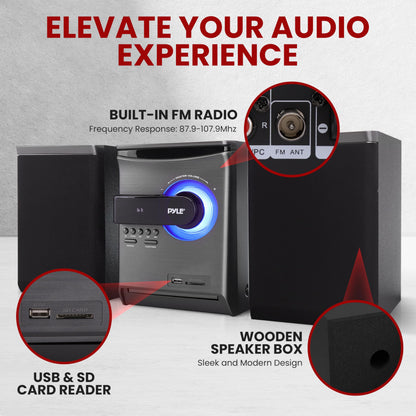 Pyle Home Stereo Shelf System – 30W Bluetooth CD Player with FM Radio, USB/SD Playback, Dual 2-Way Speakers, Remote Control, Clear Sound Audio System for Home Entertainment – (Black) PHSKR24