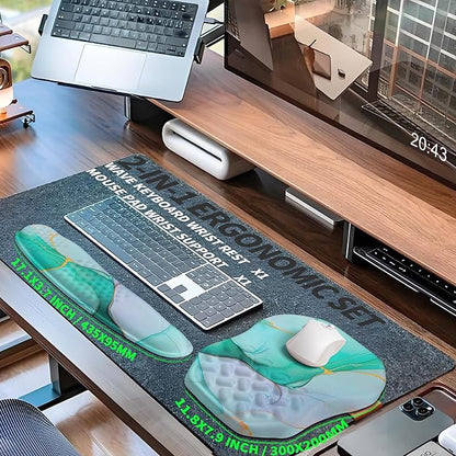 2-in-1 Ergonomic Set, Wave Keyboard Wrist Rest and Massage Slope Mouse Pad Wrist Support, Rebound Memory Foam for Relieve Carpal Tunnel Syndrome and Wrist Pain (Green Gold Marble)