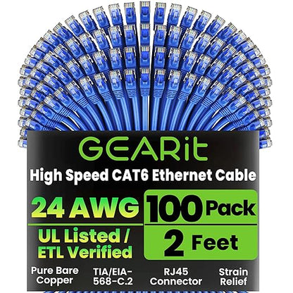 GEARit Cat 6 Ethernet Cable Pack - 100-Pack 2 ft Cat6 Ethernet Patch Cables | RJ45 Network Patch Cable, 10 Gbps Snagless Gold-Plated Connectors - Ethernet Cable Cat 6 for PC, TV, Router - Blue