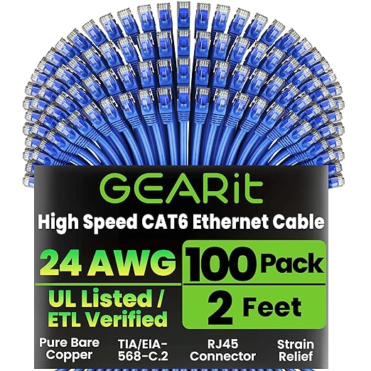 GEARit Cat 6 Patch Cables 2 ft Blue (100 Pack) - Cat6 Patch Cables 2ft Blue/Ethernet Patch Cable, 10Gbps 550MHz 24AWG Pure Copper, Snagless, Gold Plated RJ45 for Router, Server, Router, PC