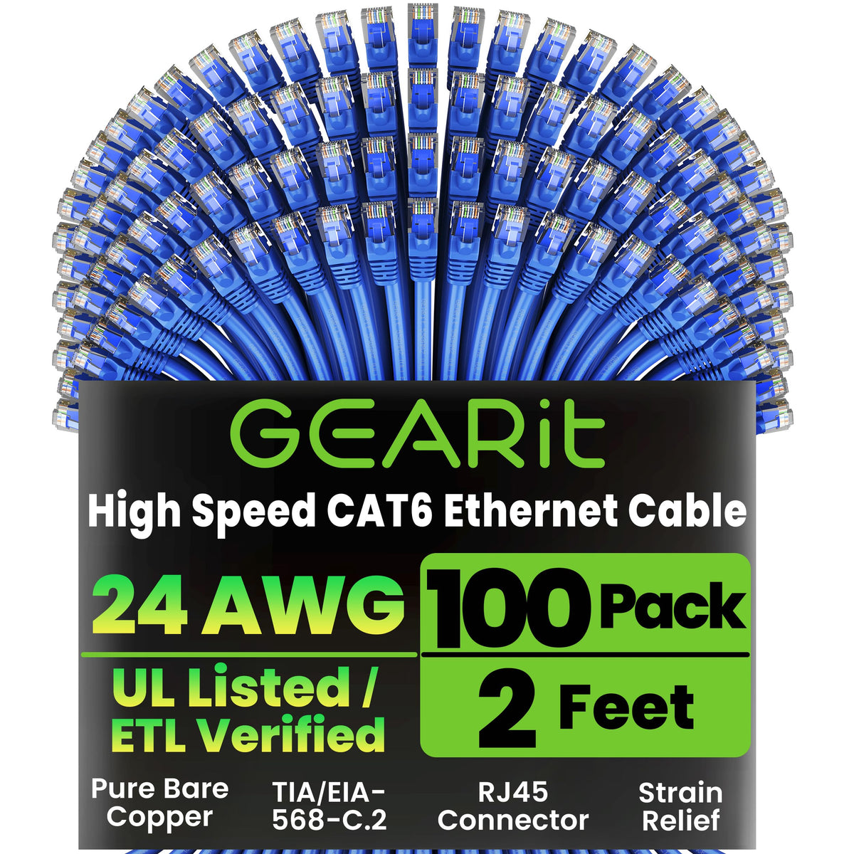 GEARit Cat6 Patch Cables Cat 6 Ethernet Cable 1.5 ft 100-Pack Black