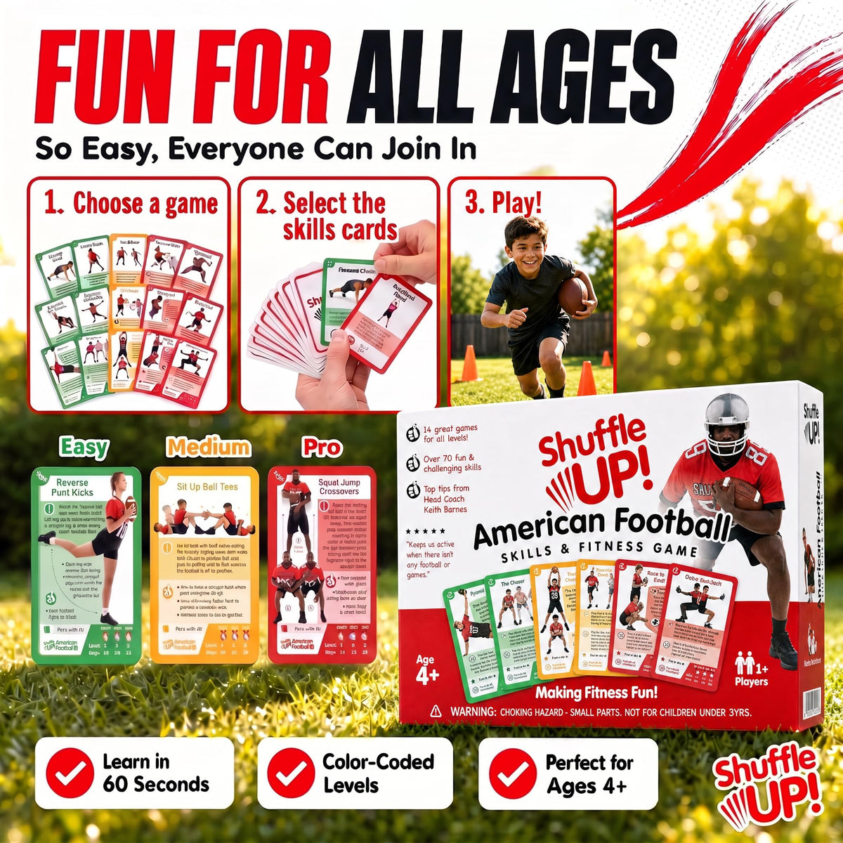Shuffle Up Football Game - 70+ Fitness Cards, Training Equipment Kids Gift