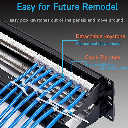Cat6 Patch Panel 48 Port with Keystone, RJ45 Network Panel 19 Inch, Punch Down Keystone Ethernet Patch Panel with Back Bar