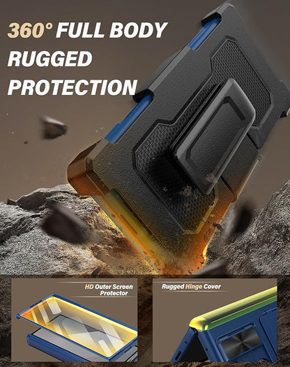 Vihibii for Samsung Galaxy Z Fold 6 Case with Card Holder & Belt Clip Holster & Camera Cover & Hinge Protection & Screen Protector, Durable Rugged Protective Wallet Case for Samsung Z Fold 6, Blue