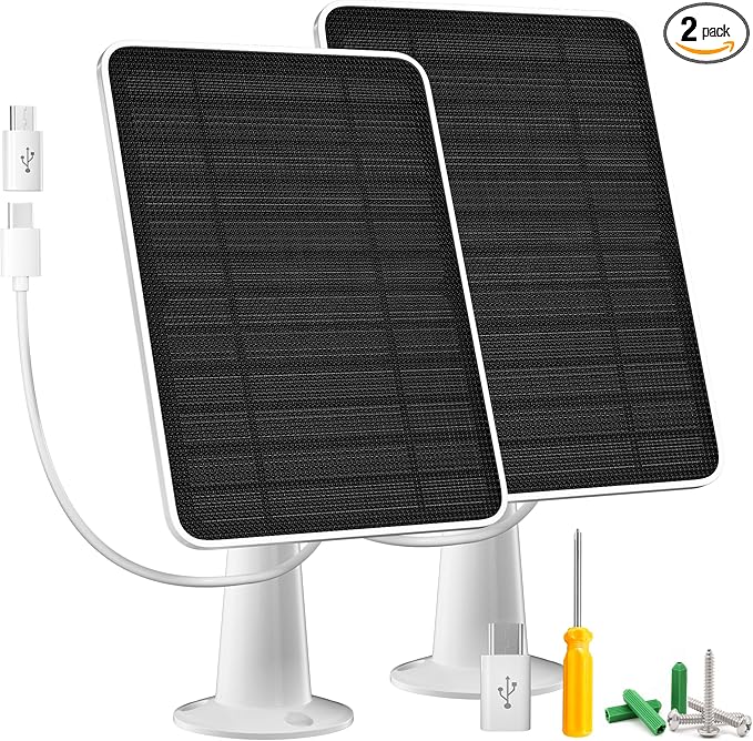 Solar Panel Charger Compatible with Arlo Essential 2K Outdoor(2nd Gen)/Essential XL Camera(2nd Gen)/Essential Spotlight, 5W Solar Panel with IP65 Waterproof 10ft Micro USB-C Cable & Wall Mount, 2 Pack